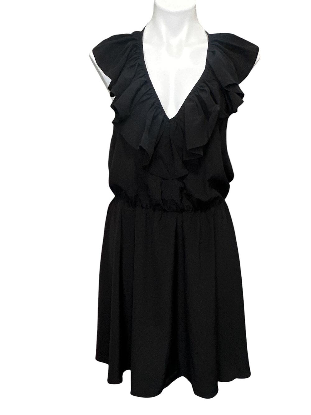 A by Amanda Black Ruffle Halter Dress Women's XL Tie Neck Elastic Waist NWT